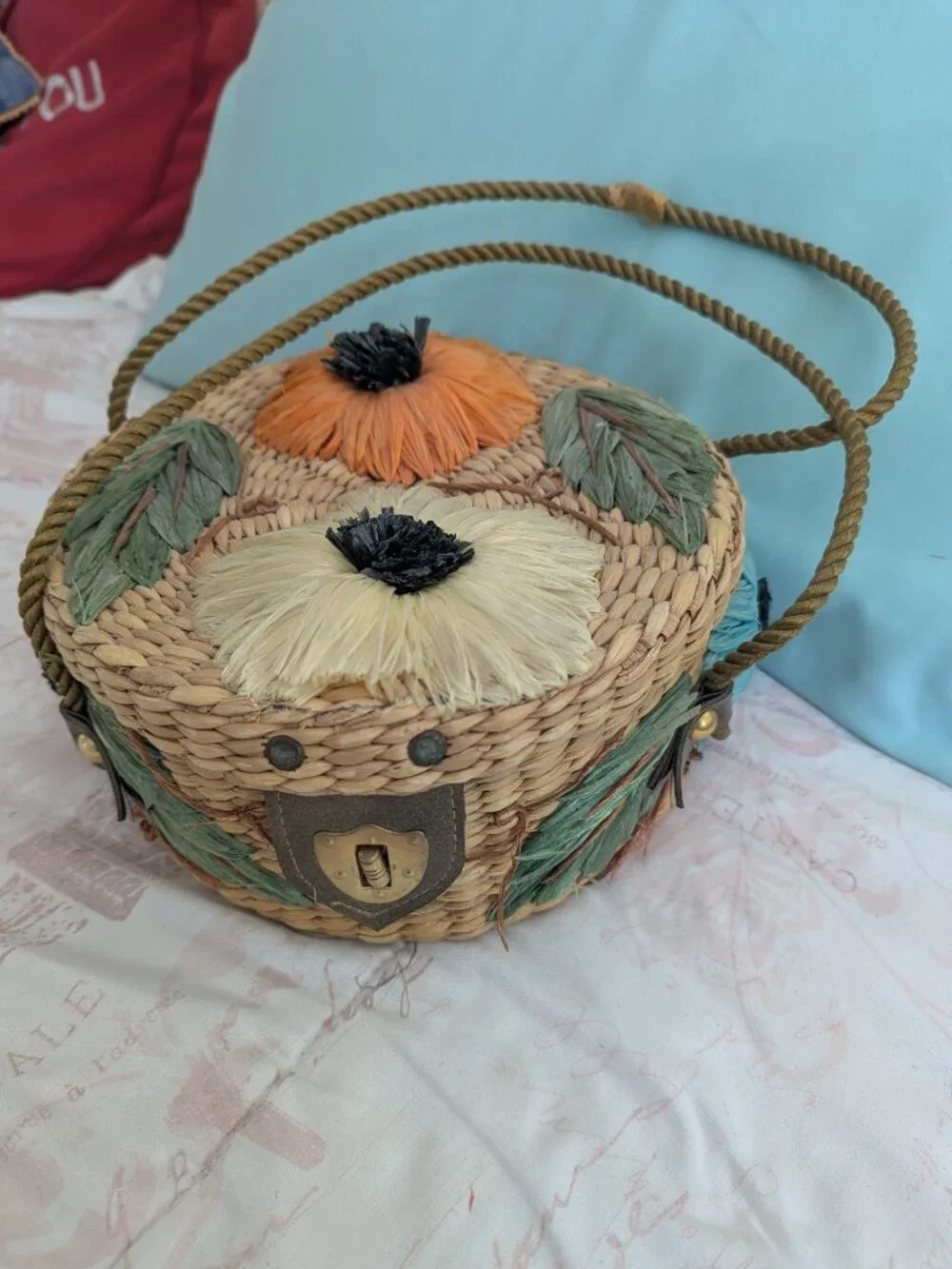 Vintage Floral Wicker And Straw Purse By Ponces Creations Philippines, 50's-60's - Picture 2 of 15